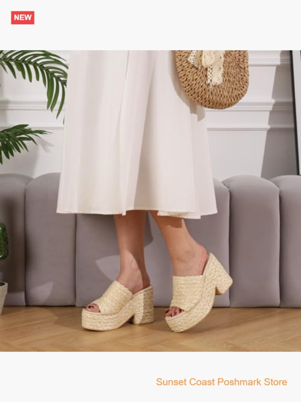 Platform Wedge Sandals Raffia Woven Slides Chunky Heel Open Toe - Picture 2 of 7